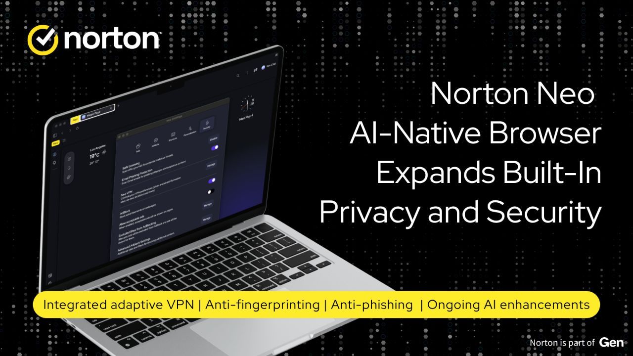 文章配图： “保护并非一个可开启的设置，而是基石”——Norton Neo 的新更新使其成为终极 AI 浏览器，具备自适应内置 VPN、反钓鱼和反跟踪工具，且默认启用。