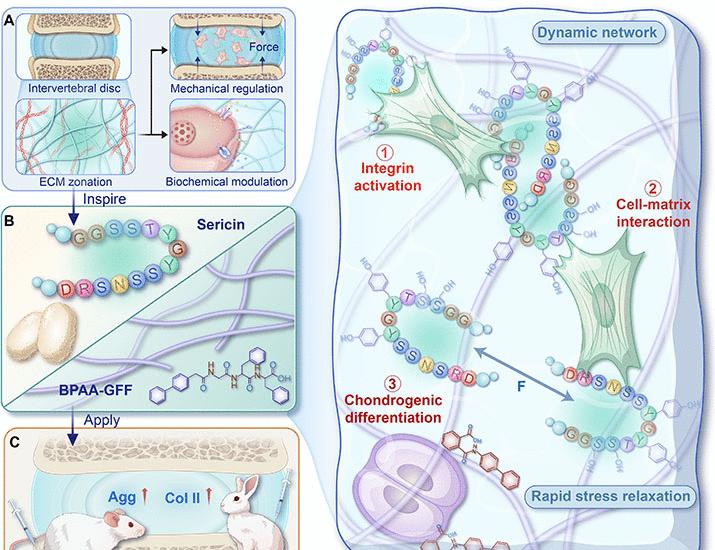 Image for the article: Dynamic adaptive coassembled sericin protein orchestrating stem cell development for nucleus pulposus regeneration | Science Advances