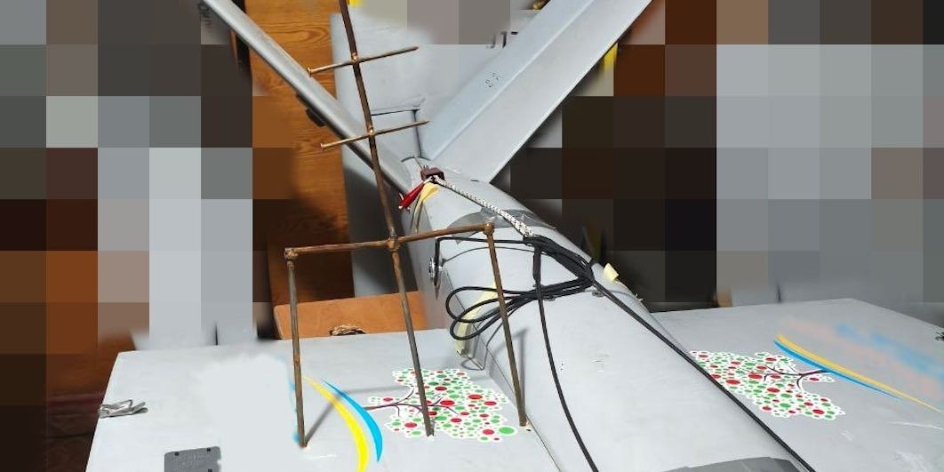 Image for the article: A Ukrainian bomber drone went out for a strike mission. It returned impaled by a crude trident, photos show.