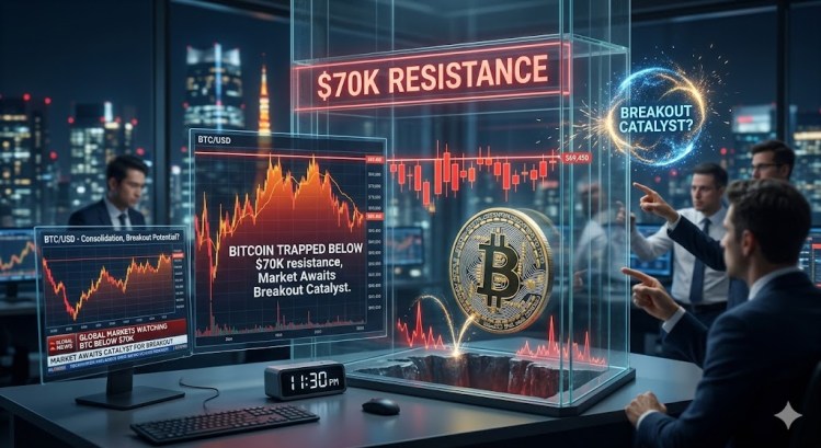 Изображение к статье: Цена биткоина застряла ниже $70 000, рынок ждет катализатора для прорыва