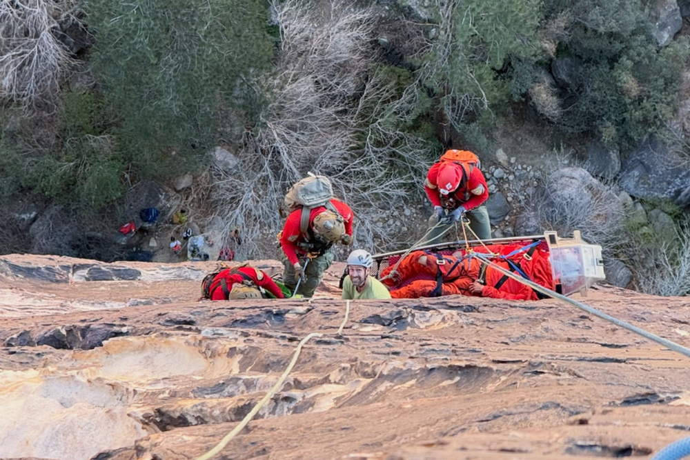 Image for the article: Rescuers embark on daring seven hour mission after climber falls more than 40 feet in Vegas canyon
