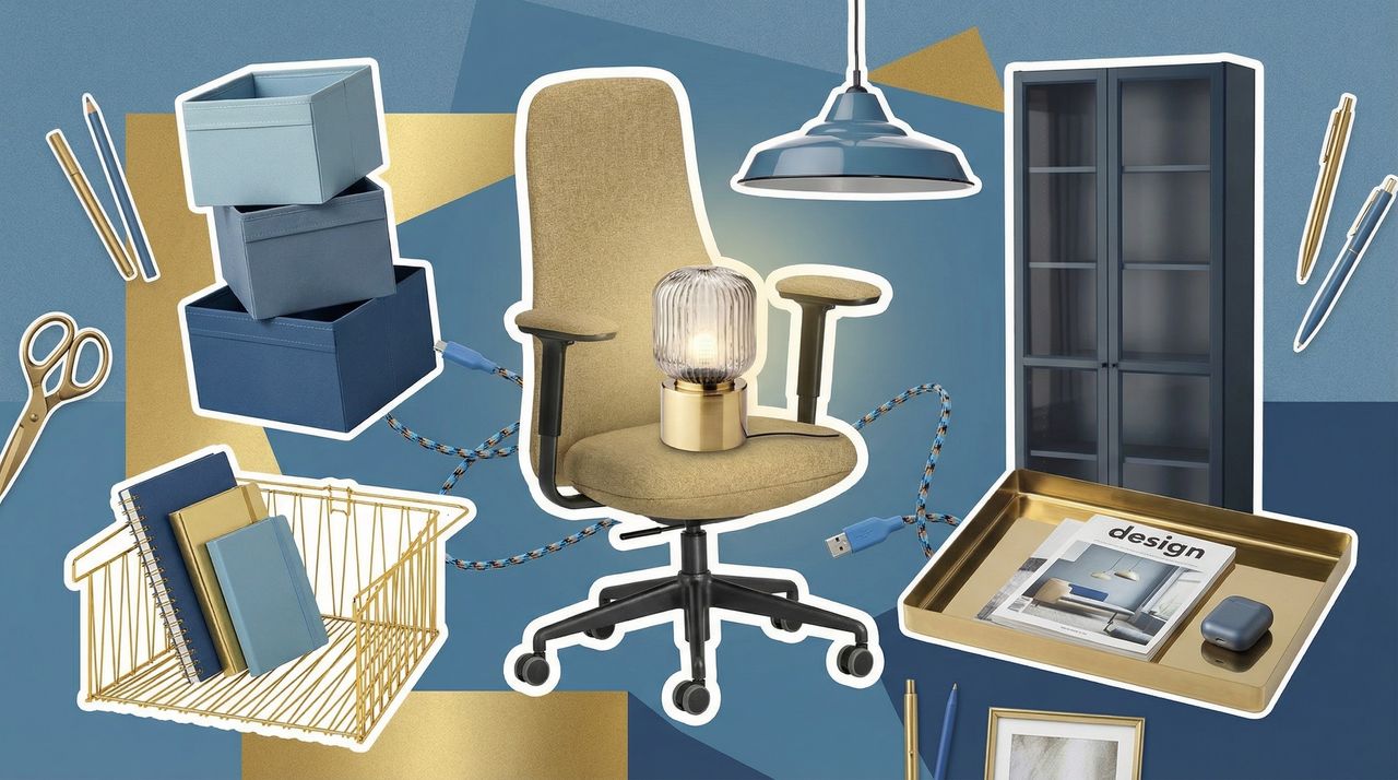 Image for the article: Give your home office a touch of class with IKEA's lights and accessories in slate blue and brass — from just $4